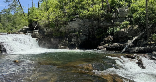 A serene river flows over rocks, surrounded by lush greenery and trees under a clear blue sky.
