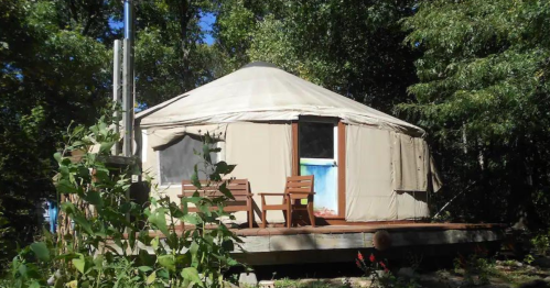 A cozy yurt on a wooden deck, surrounded by trees and greenery, with two chairs outside.