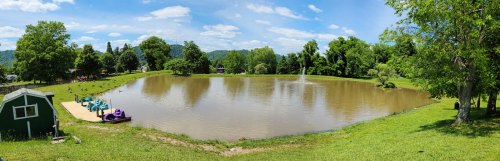A serene pond surrounded by green trees, with colorful paddle boats and a fountain under a clear blue sky.
