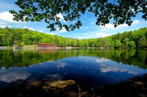 A serene lake surrounded by lush green trees and a blue sky, reflecting clouds and nature's beauty.