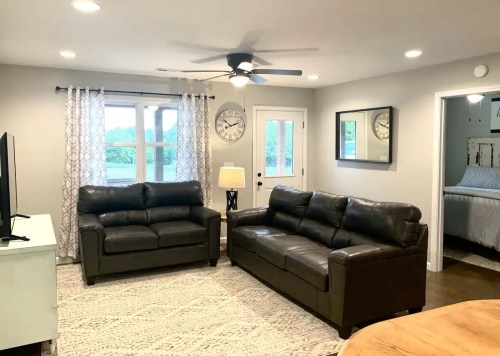 Cozy living room with two dark leather sofas, a TV, and large windows, featuring light gray walls and a patterned rug.