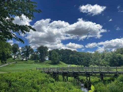A wooden bridge crosses a stream in a lush green landscape under a blue sky with fluffy clouds.