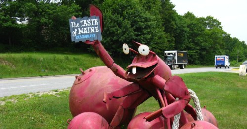 A lobster statue outside of the Taste of Maine seafood restaurant in Woolwich, Maine.