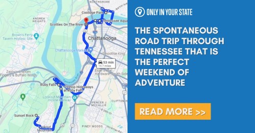 Map highlighting a spontaneous road trip route through Tennessee, featuring landmarks and a call to action to read more.