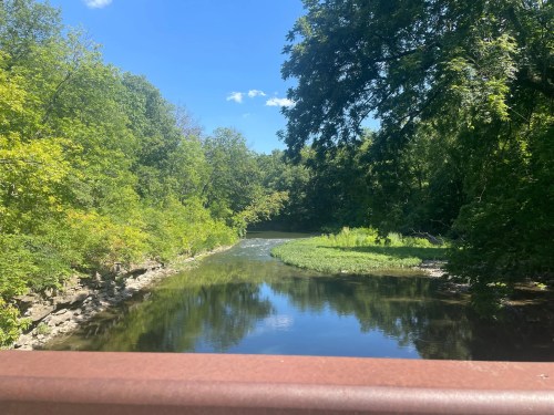 A serene river scene surrounded by lush greenery under a clear blue sky.