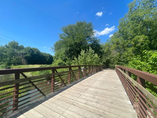 A wooden bridge surrounded by lush greenery under a clear blue sky.