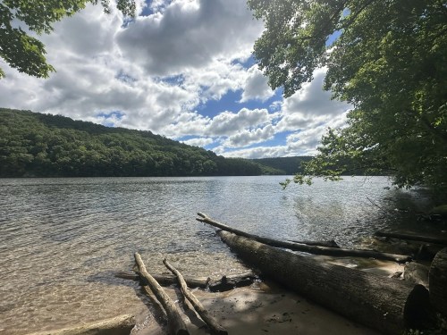 A serene lake surrounded by lush greenery and trees, with a cloudy blue sky reflecting on the water's surface.