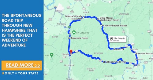 Map of a scenic road trip route through New Hampshire, highlighting attractions and travel time for a weekend adventure.