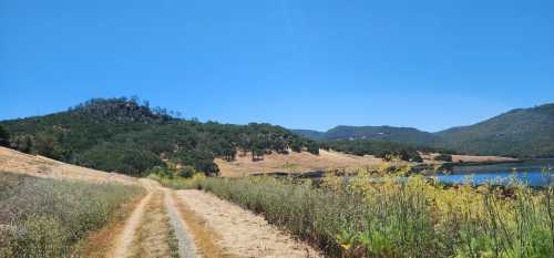 A dirt path leads through grassy fields by a calm lake, surrounded by rolling hills under a clear blue sky.