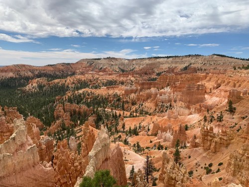 A panoramic view of Bryce Canyon's colorful rock formations and lush greenery under a cloudy sky.