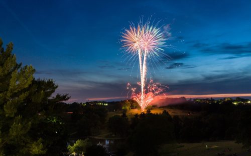Colorful fireworks burst in the night sky over a scenic landscape, with trees and a calm body of water below.