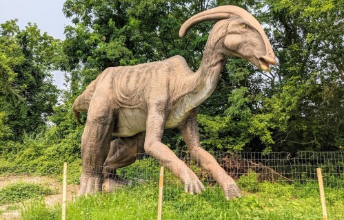 A large, realistic dinosaur sculpture stands among greenery, with a fence in the foreground.