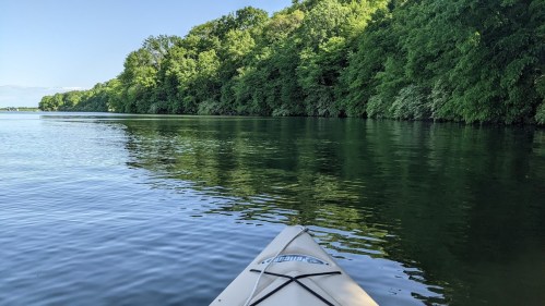 A kayak on calm water, with lush green trees lining the shore under a clear blue sky.