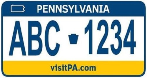 A Pennsylvania license plate featuring the letters "ABC" and numbers "1234," with a blue and yellow design.