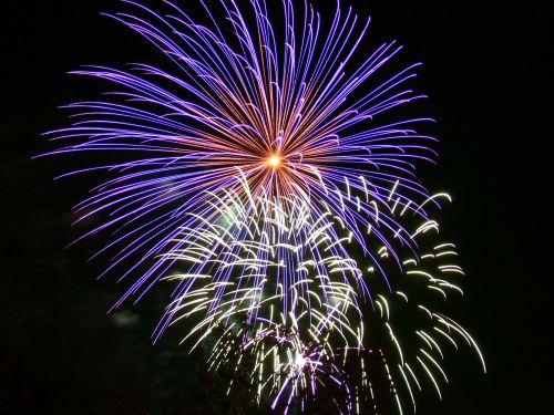Colorful fireworks burst in the night sky, featuring vibrant purple, orange, and white trails against a dark background.