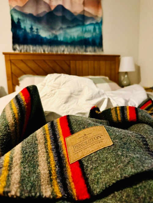A cozy bedroom scene featuring a Pendleton blanket, a bed with white bedding, and a mountain-themed tapestry on the wall.