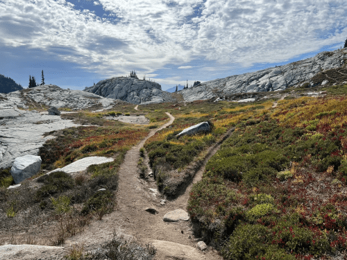 A winding dirt path through colorful autumn foliage and rocky terrain under a cloudy sky.