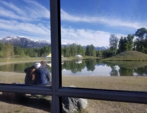 A couple sits by a serene lake, surrounded by trees and mountains, with a clear blue sky above.