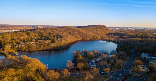 Aerial view of Lake Wintergreen and the South Overlook at West Rock Ridge State Park in Hamden, Connecticut.