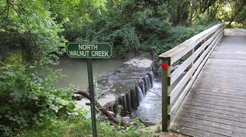 A wooden bridge beside a creek with a sign reading "North Walnut Creek" and lush greenery surrounding the area.