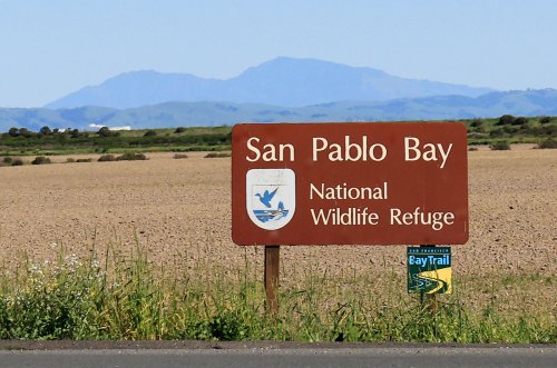 Sign for San Pablo Bay National Wildlife Refuge, with mountains in the background and a clear blue sky.