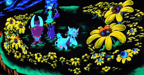 A vibrant, animated scene featuring colorful creatures among large, bright yellow flowers under a night sky.