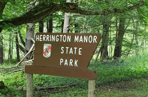 Sign for Herrington Manor State Park surrounded by lush green trees and foliage.