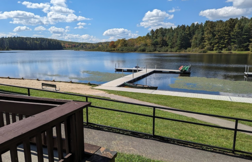 A serene lake view with a wooden dock, surrounded by trees and blue skies with fluffy clouds.