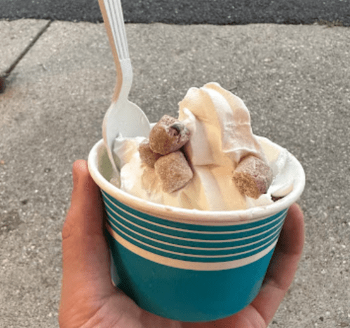 A hand holding a cup of soft serve ice cream topped with small chocolate pieces, set against a concrete background.