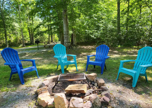 Four blue and teal chairs arranged around a stone fire pit in a green, wooded area.