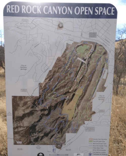 Map of Red Rock Canyon Open Space, showing trails, parking areas, and surrounding features in a natural landscape.