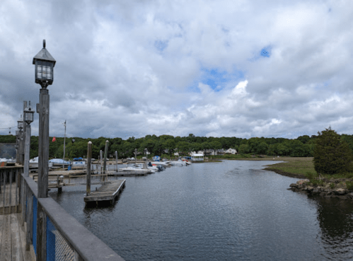 A serene waterfront scene with boats docked, surrounded by greenery and cloudy skies.