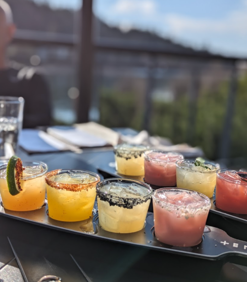 A colorful flight of cocktails on a black tray, with a scenic outdoor view in the background.