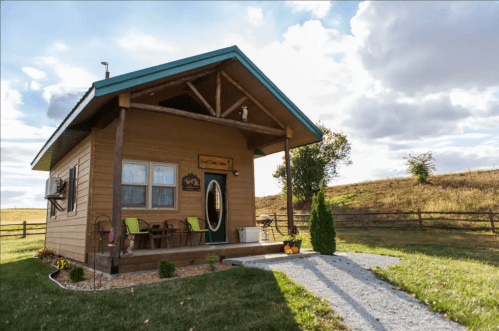 A cozy cabin with a porch, surrounded by grass and trees, under a partly cloudy sky.
