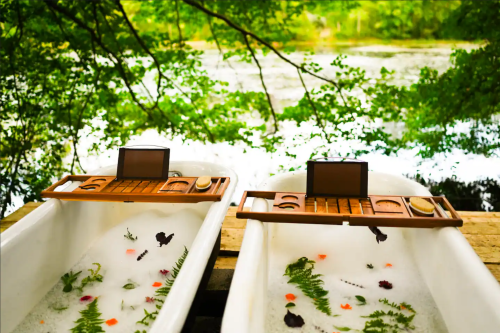 Two outdoor bathtubs filled with water and floating flowers, set in a lush green environment by a river.
