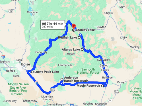 Map showing a route from Boise to Stanley Lake, passing through Redfish Lake, Alturas Lake, and other locations.