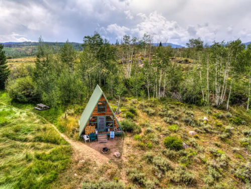 Aerial view of a cozy A-frame cabin surrounded by greenery and trees, with a fire pit and picnic table nearby.