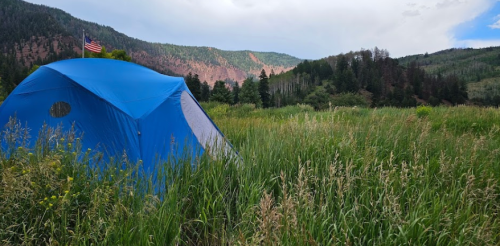 A blue tent in a grassy field, surrounded by trees and mountains under a cloudy sky, with an American flag visible.