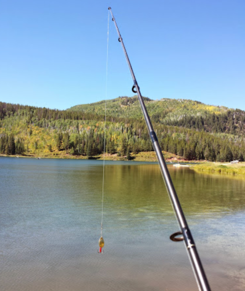 A fishing rod extends over a calm lake, with a lure dangling above the water and a forested hillside in the background.