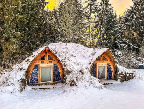 Two cozy, snow-covered cabins with wooden frames nestled in a snowy forest, surrounded by tall trees.