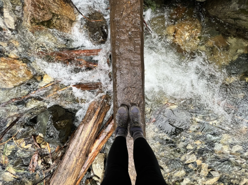 A person stands on a wooden log over a flowing stream, surrounded by rocks and water.