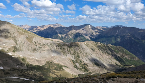 A panoramic view of rugged mountains under a partly cloudy sky, showcasing diverse terrain and lush valleys.