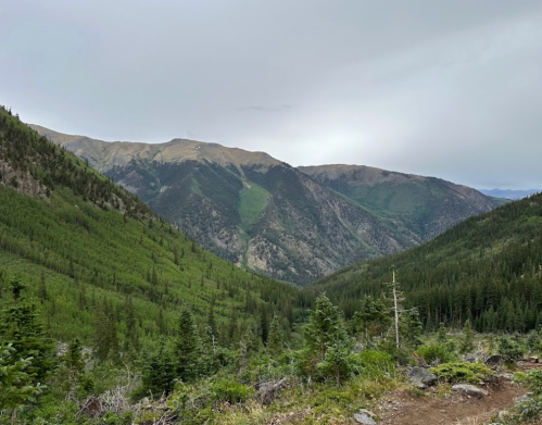 A scenic view of a lush green valley surrounded by mountains under a cloudy sky.