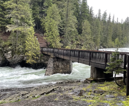 A wooden bridge spans a rushing river, surrounded by lush green trees and rocky terrain.