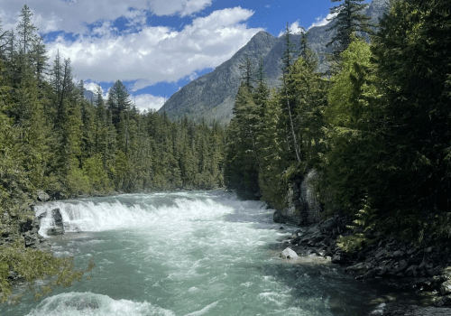 A rushing river flows through a lush forest, surrounded by mountains under a bright blue sky with scattered clouds.