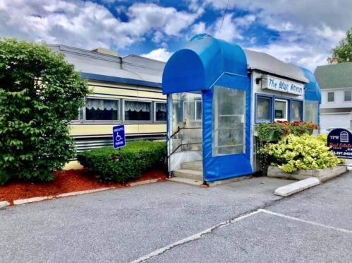 A diner with a blue awning and glass entrance, surrounded by greenery and a parking area. Cloudy sky above.