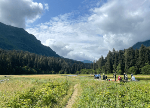 A scenic landscape with a grassy field, mountains in the background, and a group of people gathered near a river.