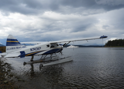 A seaplane with blue and yellow markings is parked on the water, surrounded by cloudy skies and trees in the background.