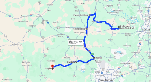 Map showing a route from Utopia to Pedernales Falls State Park, passing through Fredericksburg and Boerne.