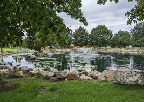 A serene pond surrounded by rocks and greenery, featuring a fountain and trees under a cloudy sky.